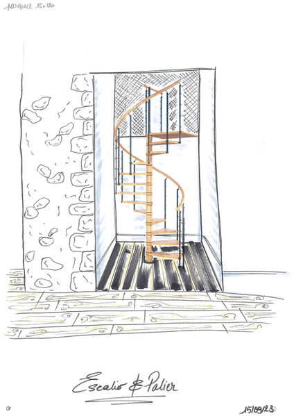 croquis fait main d'une cage d'escalier en colimaçon, en bois et métal noir, sur sol style parquet