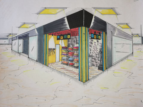 perspective faite main d'un corner de prêt à porter aux couleurs estivales de l'Italie.