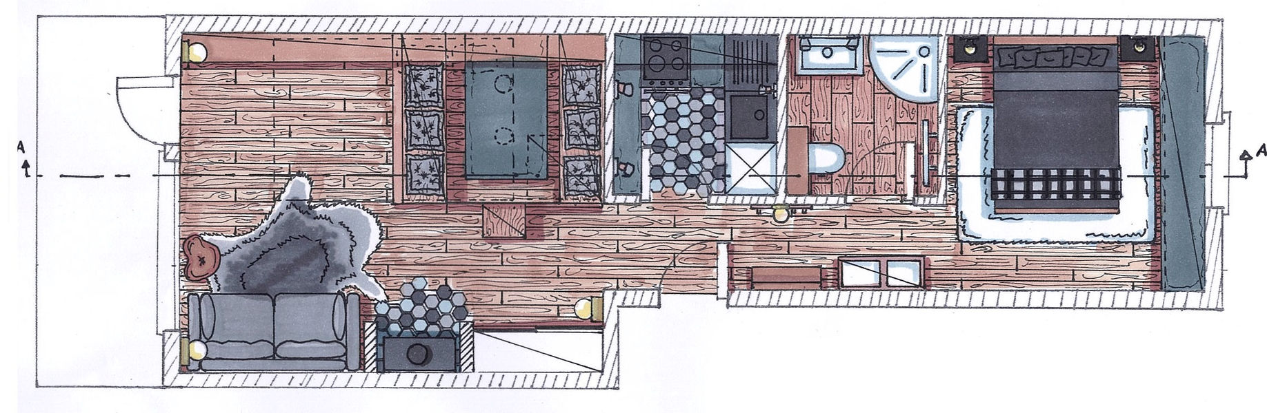 plan d'aménagement fait main d'un petit chalet, style Montagne chic.