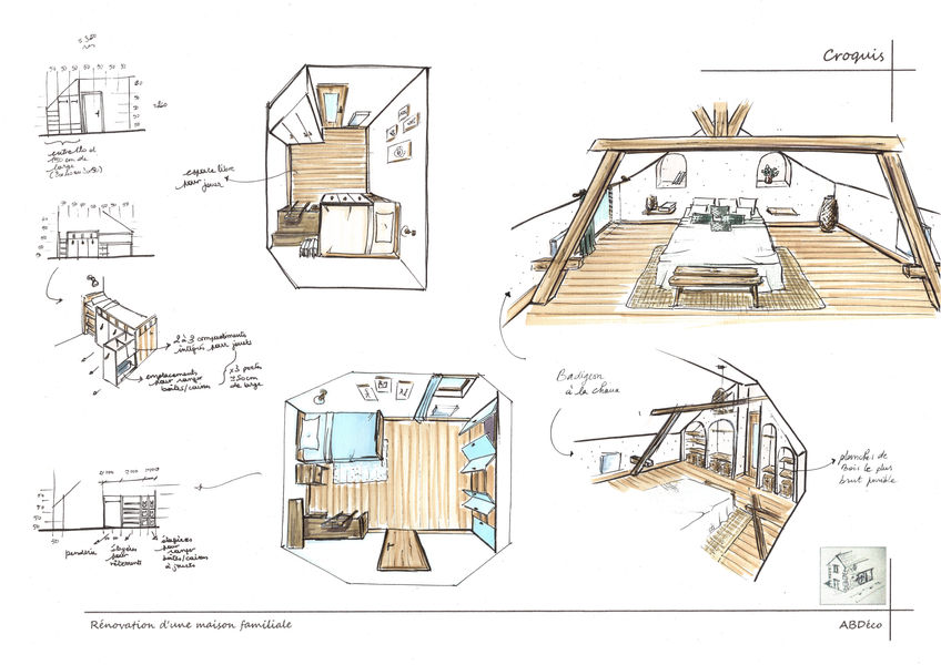 série de croquis faits main de chambres à coucher sous combles avec rangements sur-mesure.