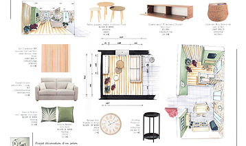 croquis et planche mobilier, accessoires d'un salon cocooning beige et kaki