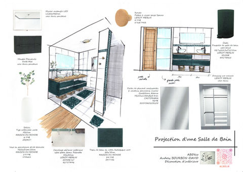 croquis fait main et planche mobiliers, matériaux, accessoires d'une salle de bain parentale blanche et vert, et d'un dressing.
