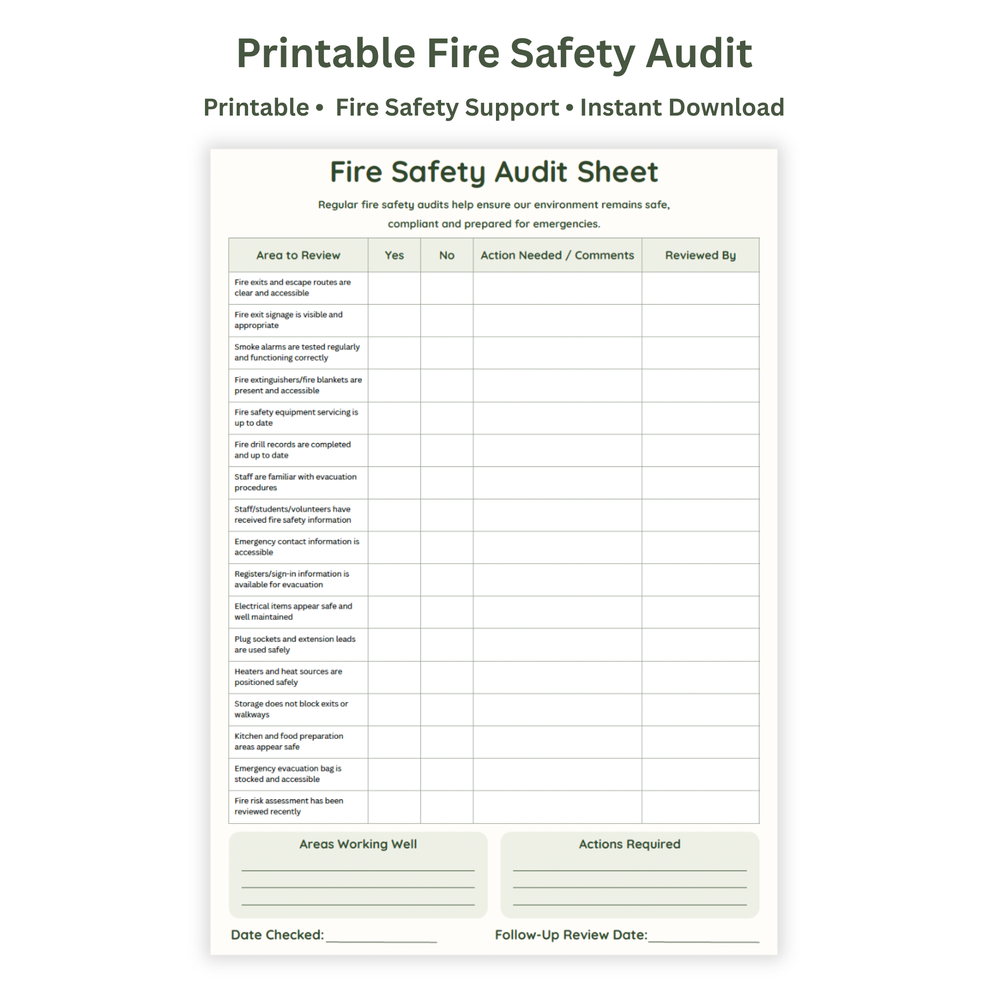 Printable Fire Safety Audit Sheet | EYFS Fire Safety Checklist