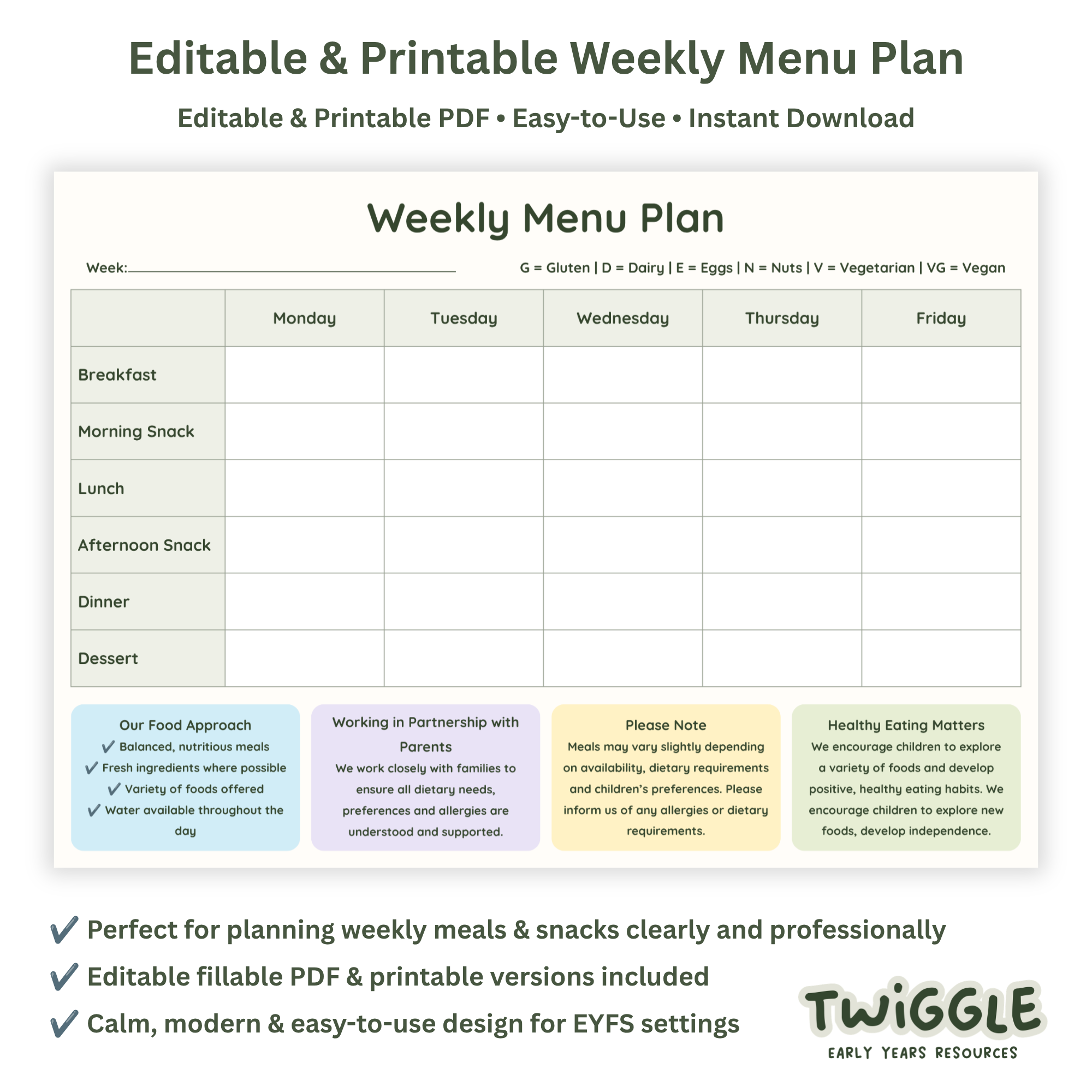 Editable Weekly Menu Planner | Fillable PDF for EYFS Settings