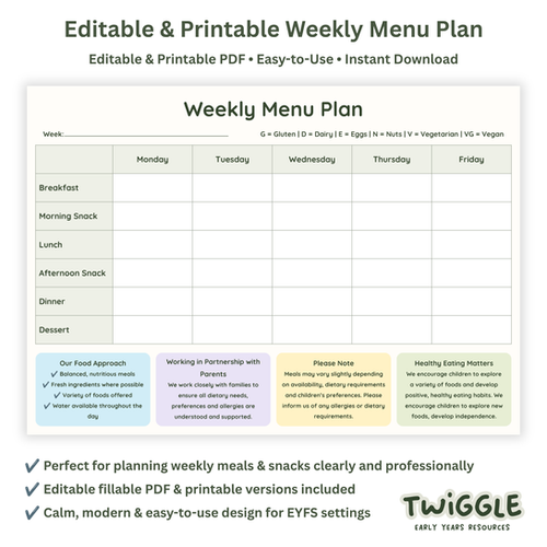 Menu Eyfs Editable Weekly Menu Planner | Fillable PDF for EYFS Settings | Twiggle