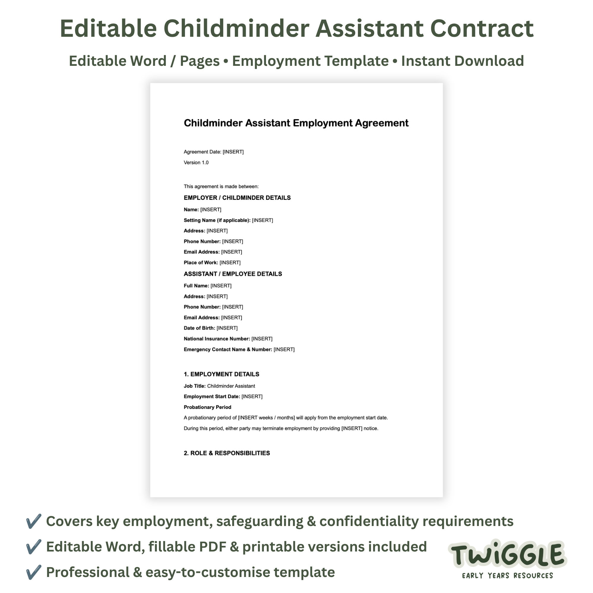 Editable Childminder Assistant Contract | Employment Agreement Template