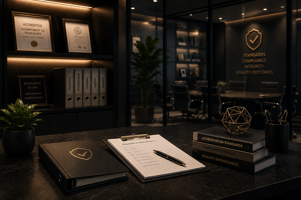 Professional office with compliance documents and certificates