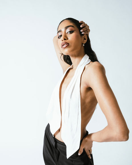 Christy Anna modelling the implied tuxedo designed a photographed by Aemilia Cumberland