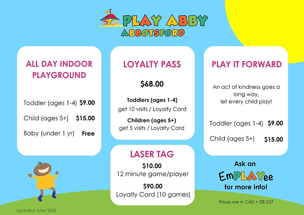 Price Menu for Play Abby Abbotsford Admission