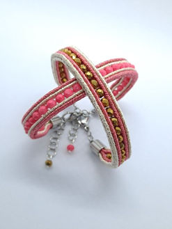 Lot "DUO" de deux bracelets fins en soutache vert foncé/jaune avec perles en verre facetté