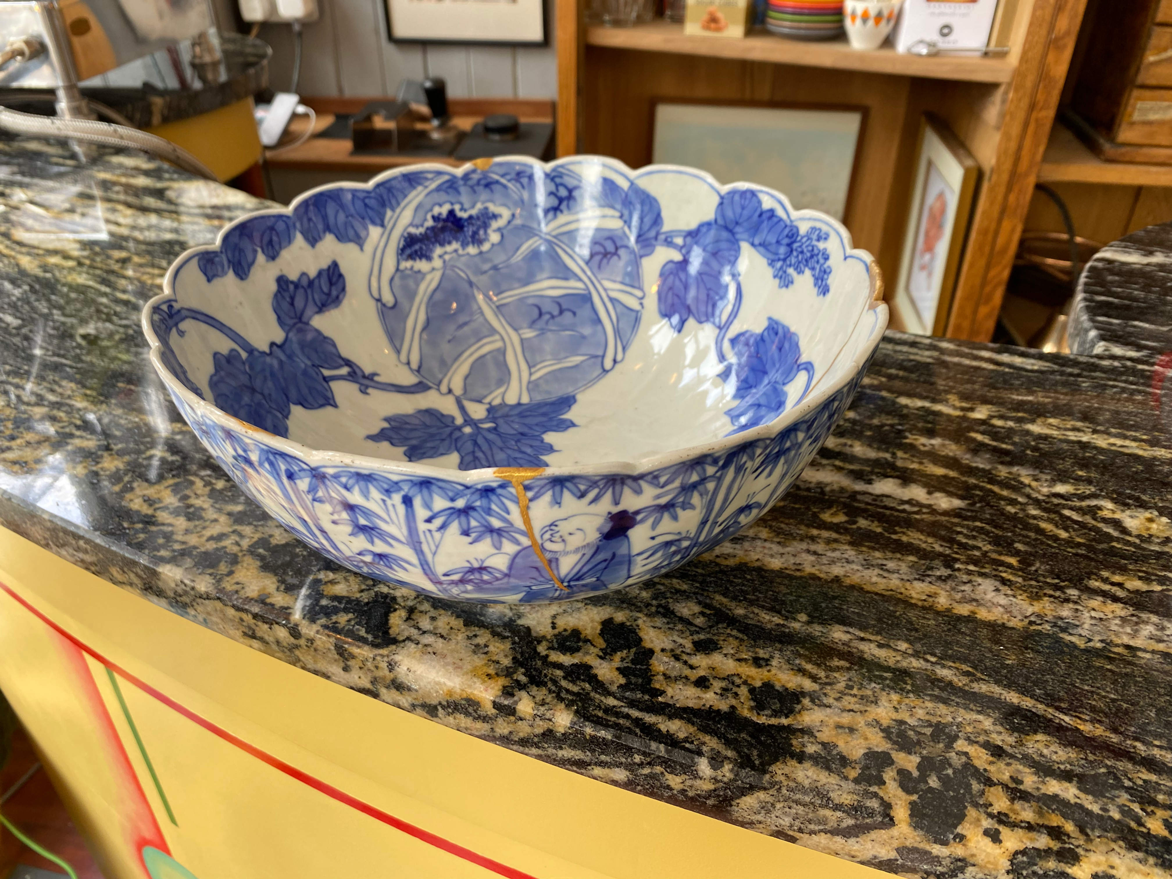 Japanese bowl white and blue ammended with Kintsugi