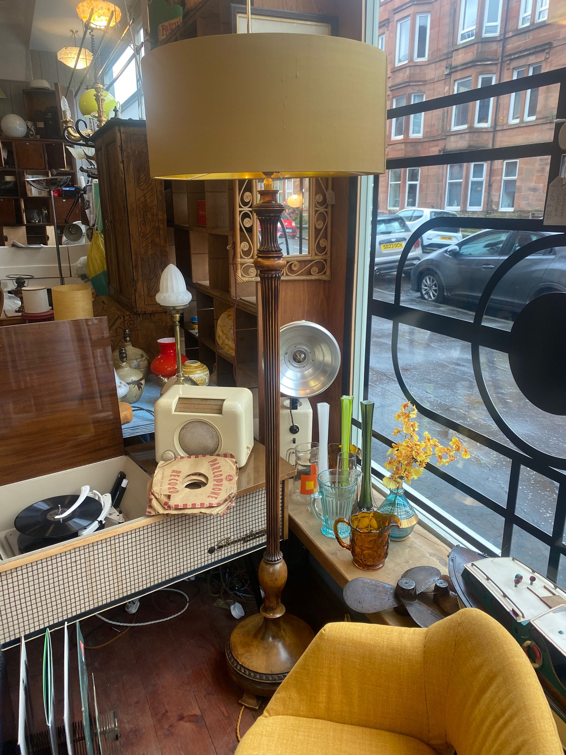 Walnut lamp with gold silk shade - 60cm