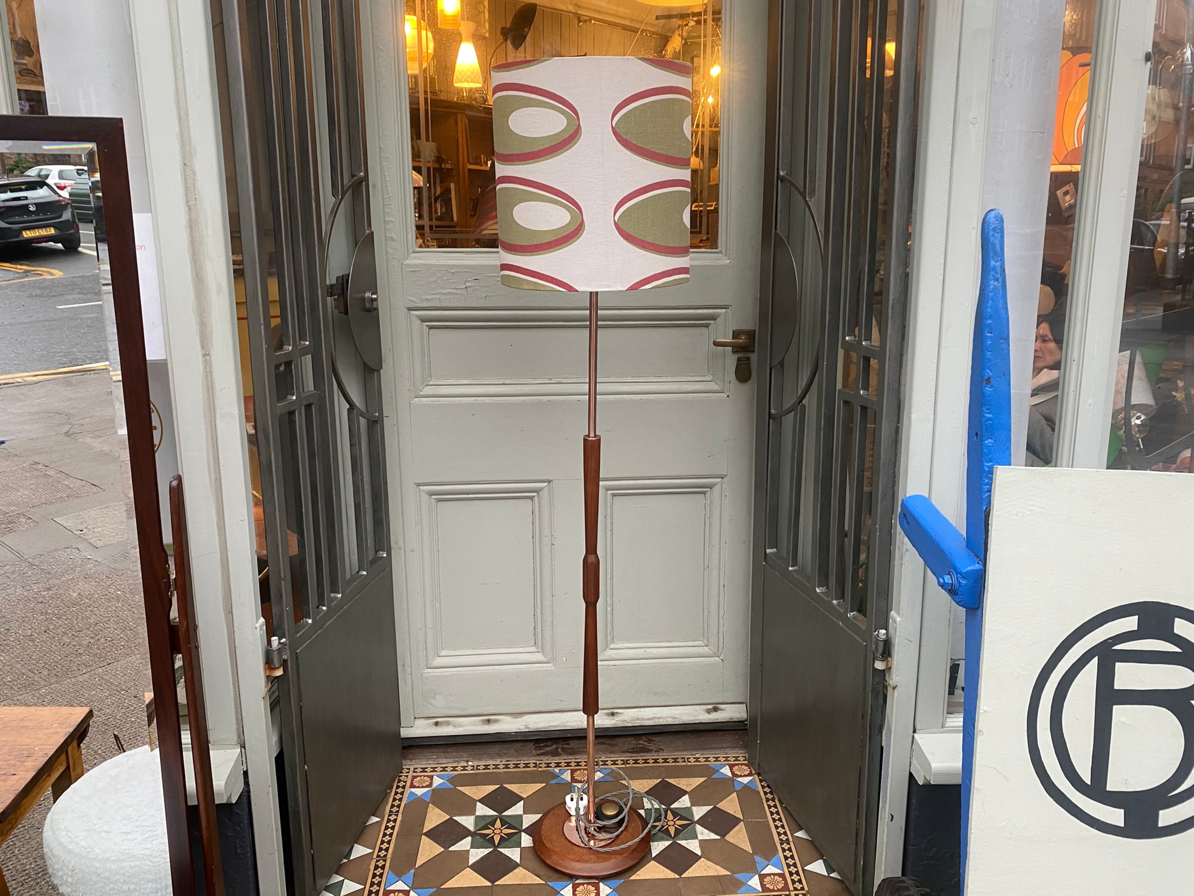 Floor lamp in teak and copper