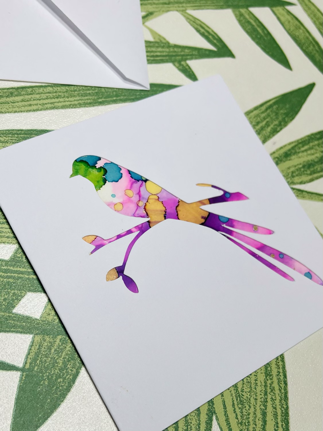 Original Art Greeting Card -  BIRD ON BRANCH 4 x 4 Inch With Envelope