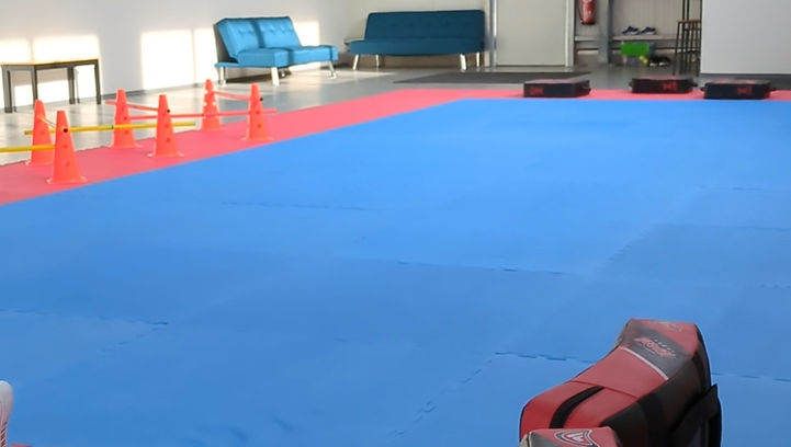 Trainingsraum mit blauer und roter Matte, bereit für Selbstverteidigung