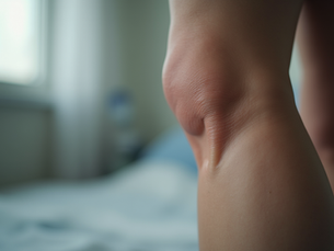 Close-up medical image of a patient’s knee with visible skin irritation and swelling, representing wound care, inflammation, or lower extremity healing management.