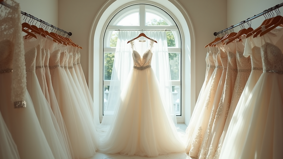 High angle view of a bridal shop showcasing an array of wedding gowns
