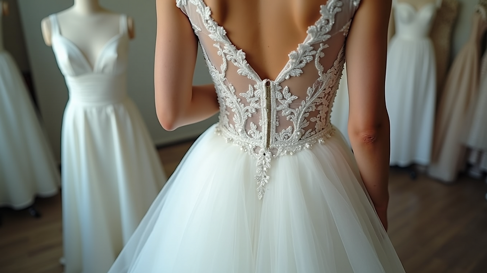 Eye-level view of a bridal gown fitting at a sewing studio