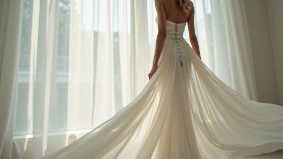 Eye-level view of a flowing chiffon wedding gown