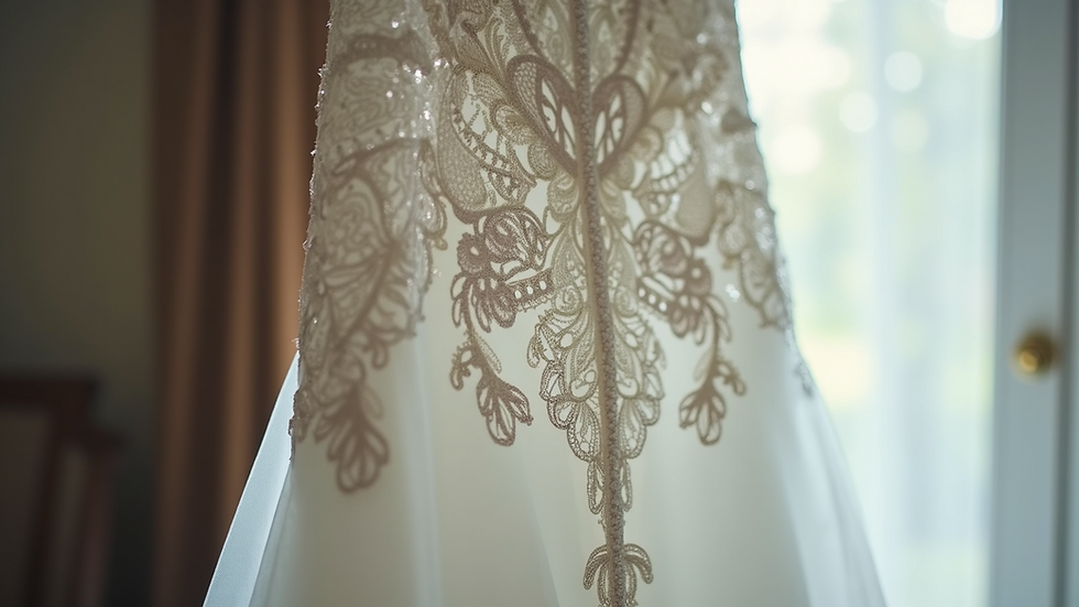 Close-up view of intricate lace details on a wedding dress