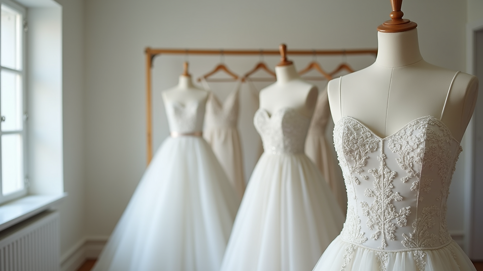 Eye-level view of a bridal gown on a mannequin in a bright alteration studio