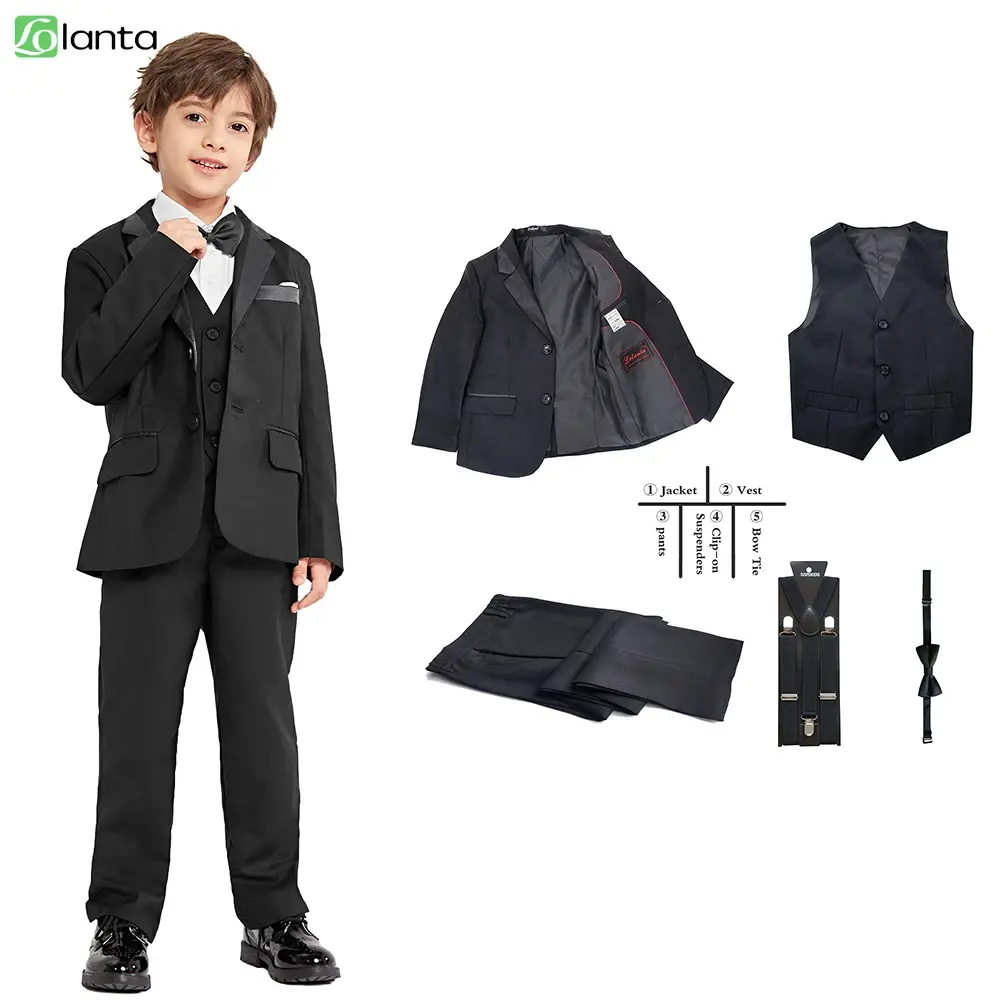 LOlanta 5Pcs Black Toddler Boys Suits Wedding Formal Children Suit Tuxedo Dress