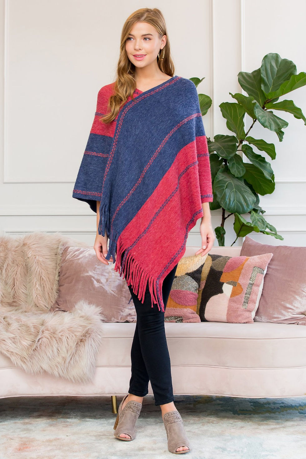 Thumbnail: Hdf3007rdbl - Red Blue Two Tone Chain Print Fringe Poncho