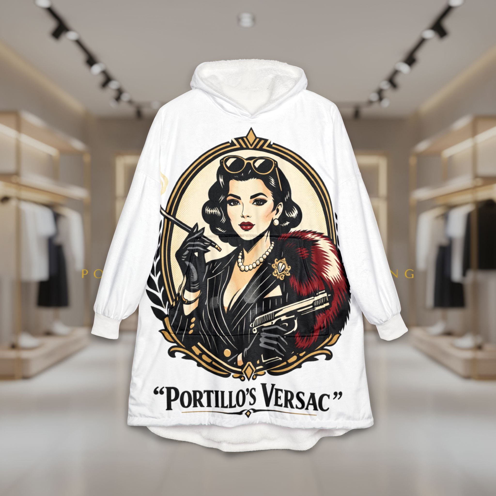 Pin-Up Hooded Blanket — “Portillo’s Versac” Luxe Graphic