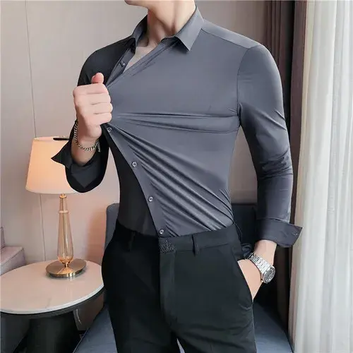 Thumbnail: High Elasticity Seamless Men's Shirt Long Sleeve Slim Casual Shirt