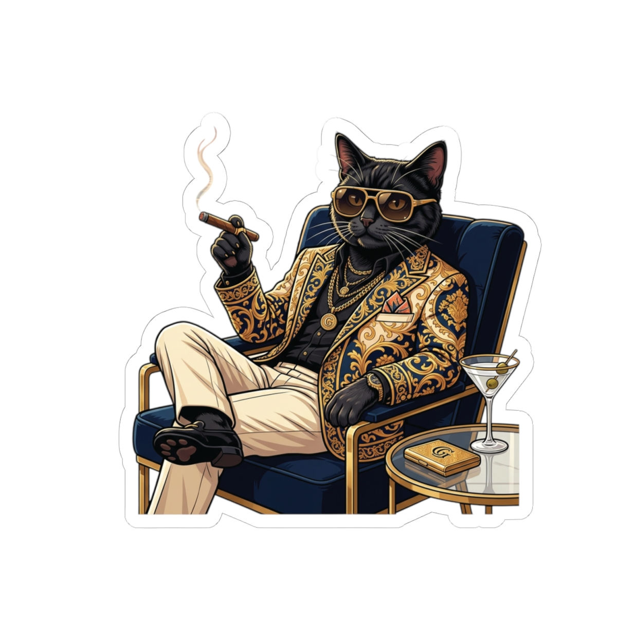 Luxury Cat Sticker — Dapper Black Cat Smoking Cigar Kiss-Cut Sticker