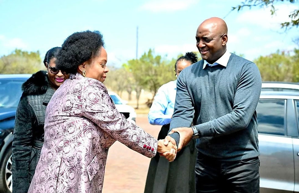 Limpopo Premier Dr Phophi Ramathuba being welcomed by Limpopo Tourism Agency Board Chairperson Mr Freddy Greaver on her arrival at The Ranch Hotel for the media launch.