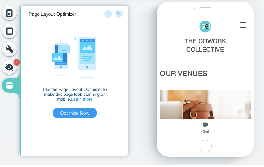 A screenshot of Wix highlighting the Page Layout Optimiser in the mobile view.