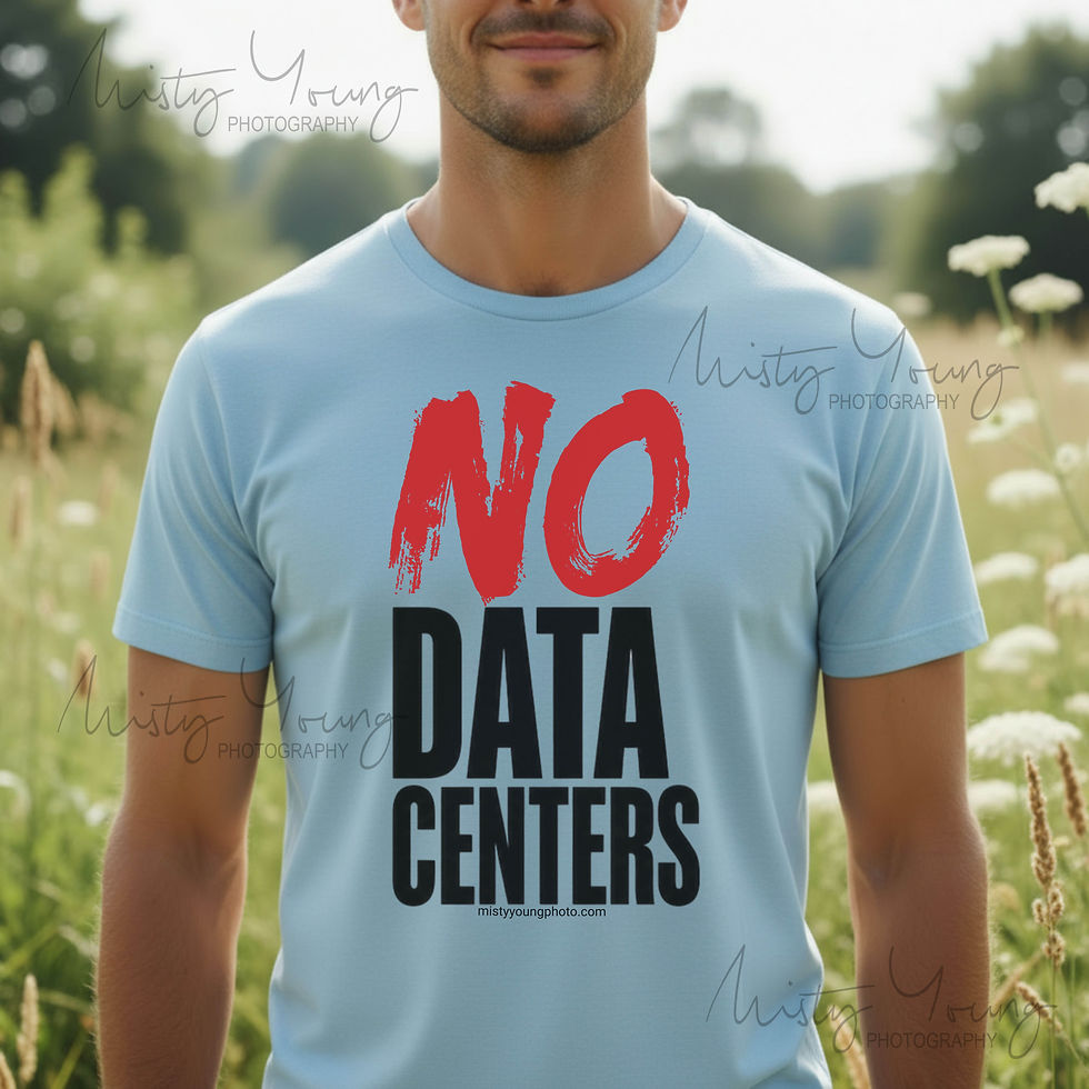 Thumbnail: Person wearing a No Data Centers shirt, an anti data center protest shirt with a bold red brush-stroke NO graphic and bold bl