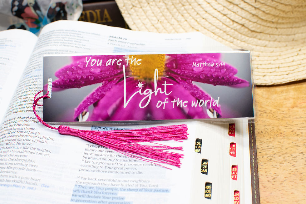 Thumbnail: Vibrant laminated bookmark with pink tassel and inspirational Matthew 5:14 quote "You are the Light of the world"