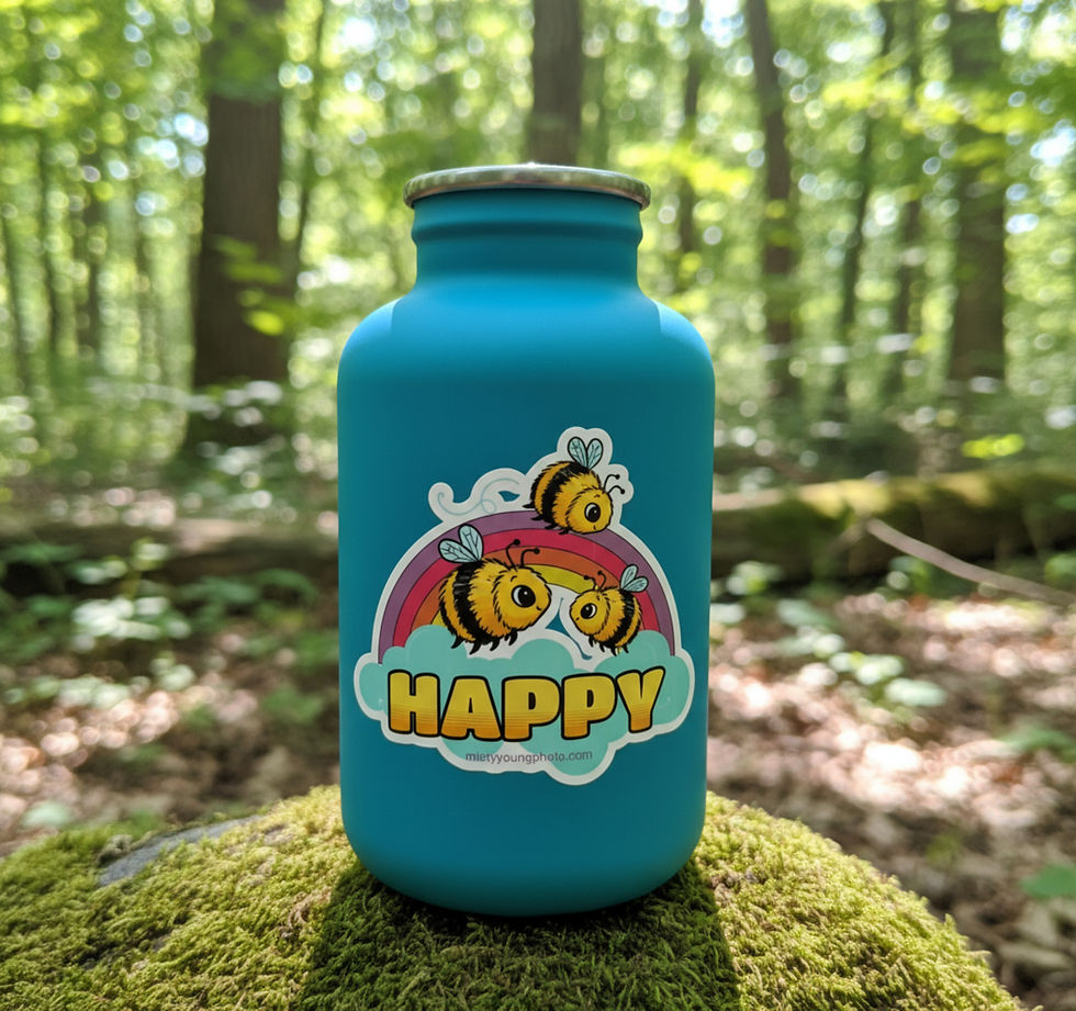 Bee Happy sticker with three cartoon bumblebees and a rainbow, HAPPY bubble lettering, kiss cut vinyl decal