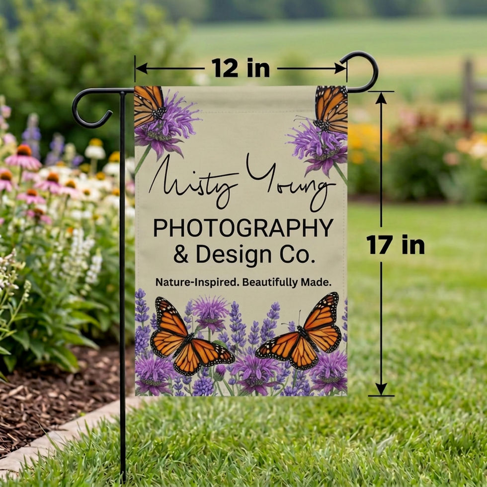 Habitat in Progress garden flag monarch butterfly, orange sun, olive green background