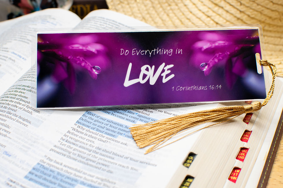 Thumbnail: Vibrant laminated bookmark & tassel with scripture verse "do everything in love"