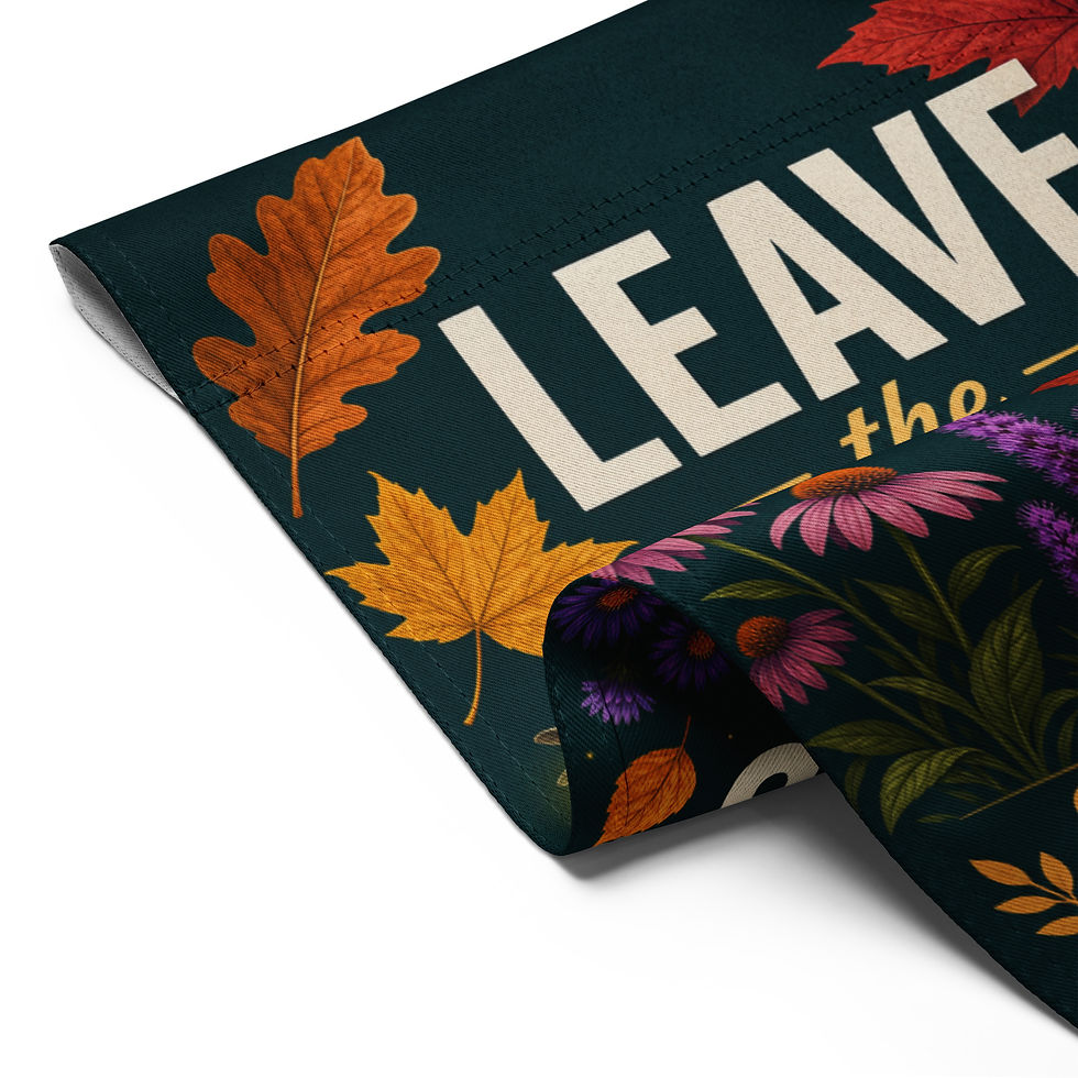 Thumbnail: Native plant garden flag on a garden stand, dark teal background, Leave the Leaves and Create Habitat for Wildlife lettering,