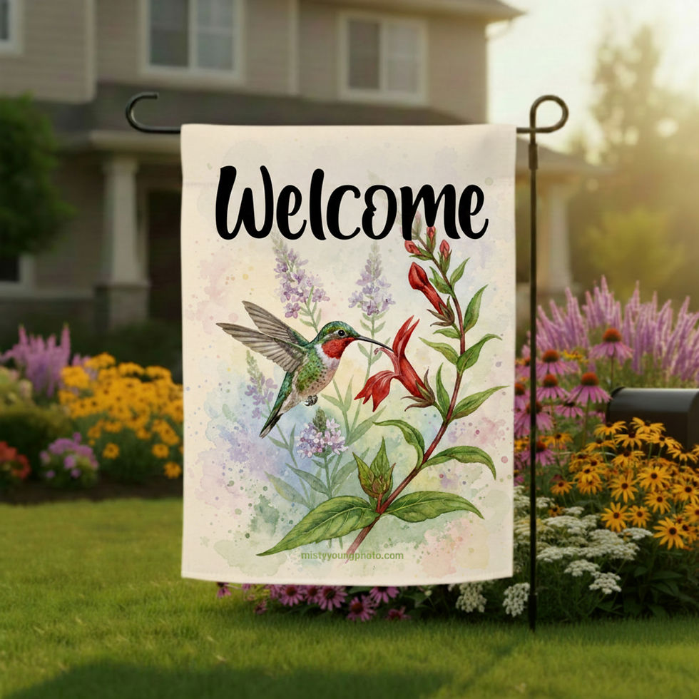 Welcome Garden Flag Featuring a Ruby Throated Hummingbird sipping nectar from native plants and flowers