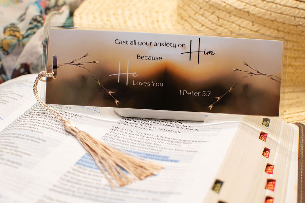 Thumbnail: Vibrant laminated bookmark with tan tassel & inspirational 1 Peter 5:7 quote