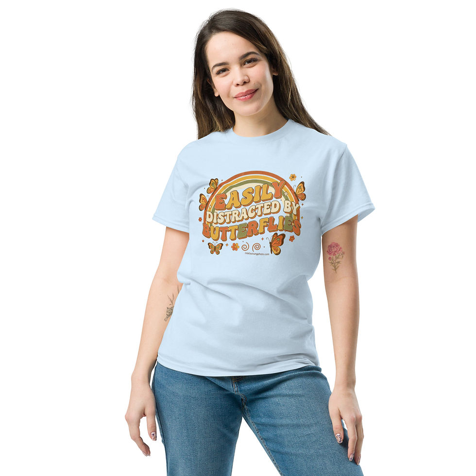 Thumbnail: Retro butterfly t-shirt with rainbow design in warm yellow and orange tones
