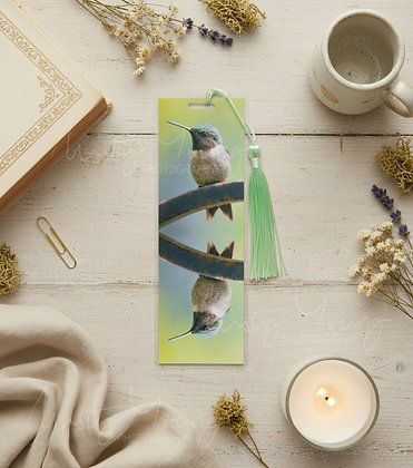 Elegant laminated handmade bookmark with a close up image of an vibrant Ruby Throated Hummingbird &  tassel