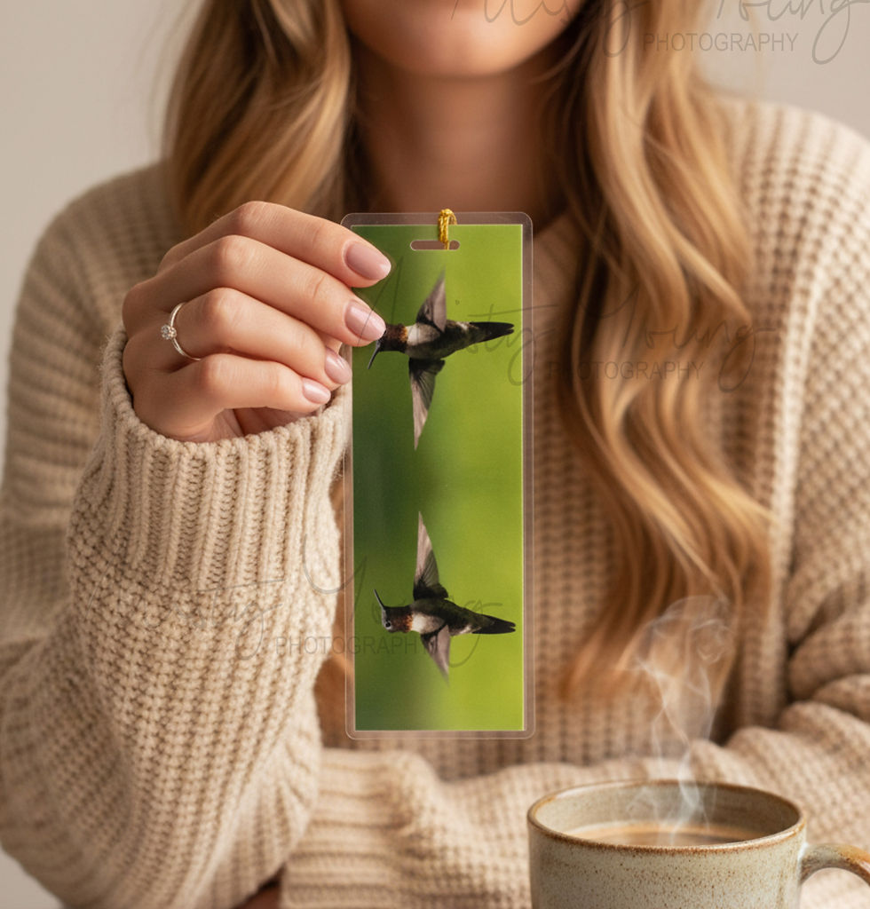Thumbnail: Elegant laminated handmade bookmark with a close up image of a vibrant Ruby Throated Hummingbird &  tassel
