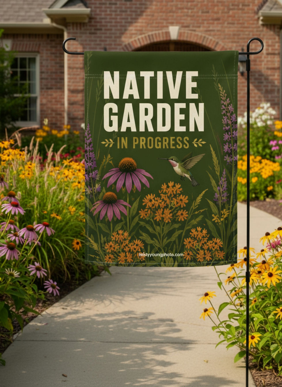Native Garden in Progress Olive green Hummingbird Garden Flag
