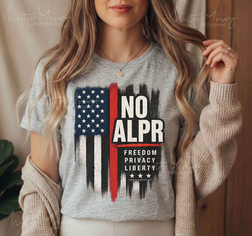 Thumbnail: No ALPR shirt with distressed American flag graphic, Freedom Privacy Liberty text and stars, political protest tee close up o