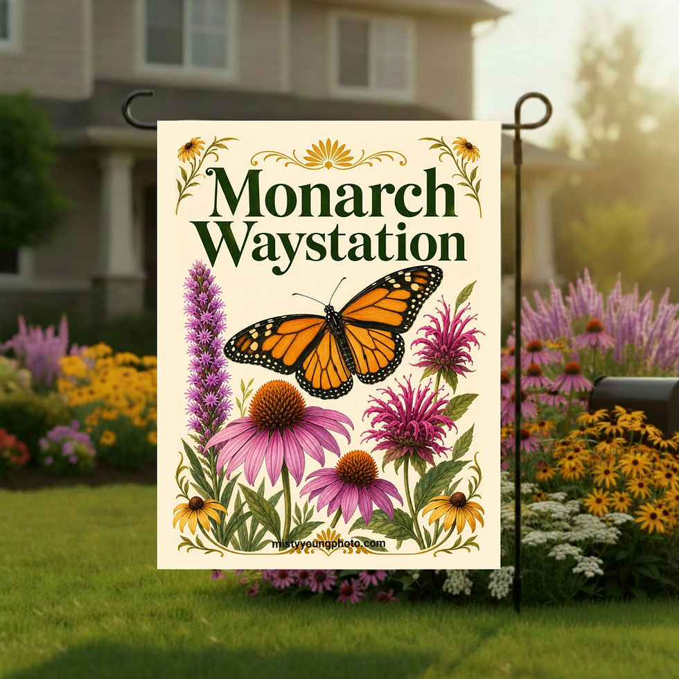 Monarch Waystation garden flag on a yard stand, illustrated with a monarch butterfly, purple coneflower, bee balm, blazing st