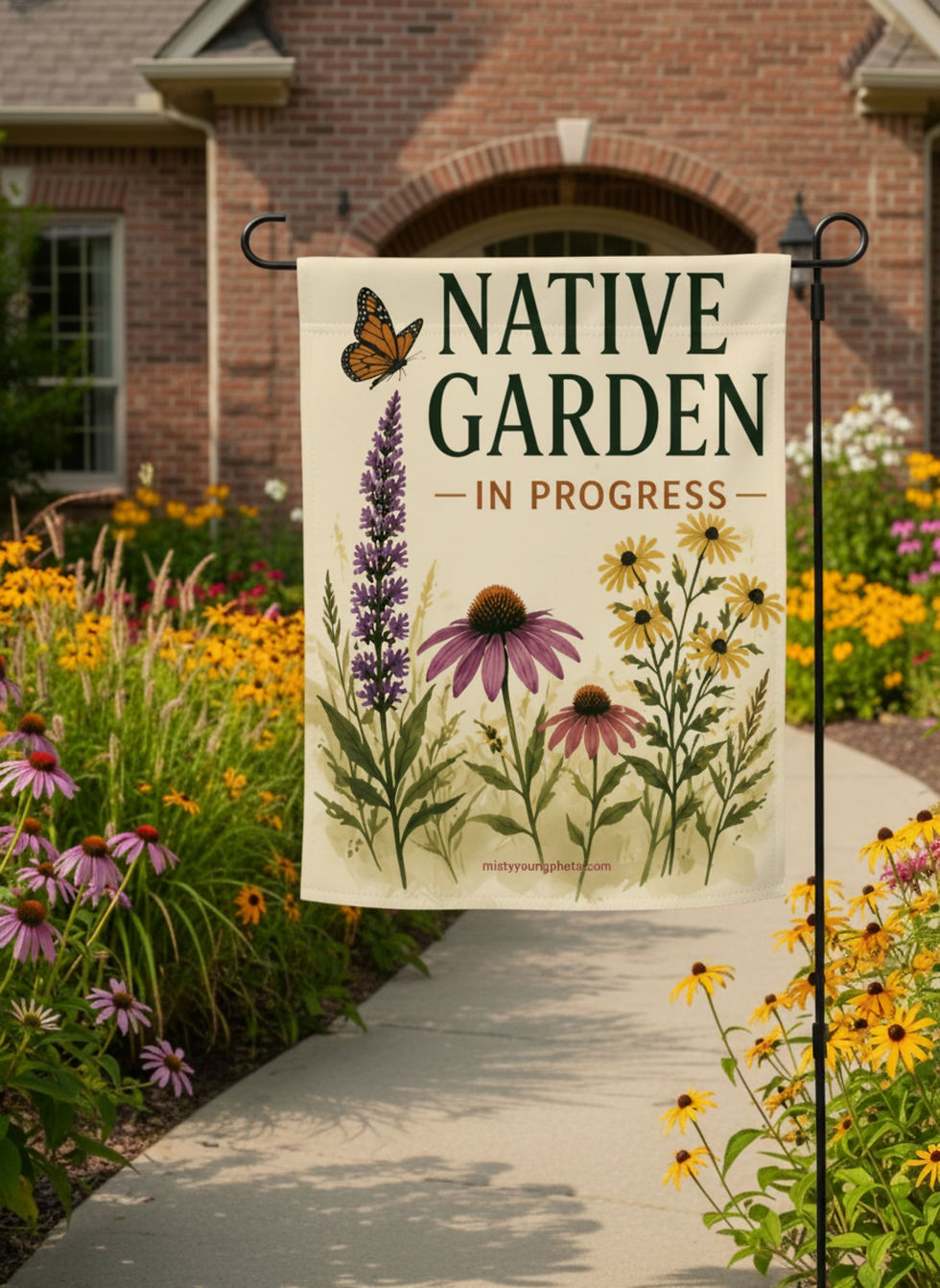 Native Garde in progress garden flag cream background with wildflowers and Monarch Butterfly