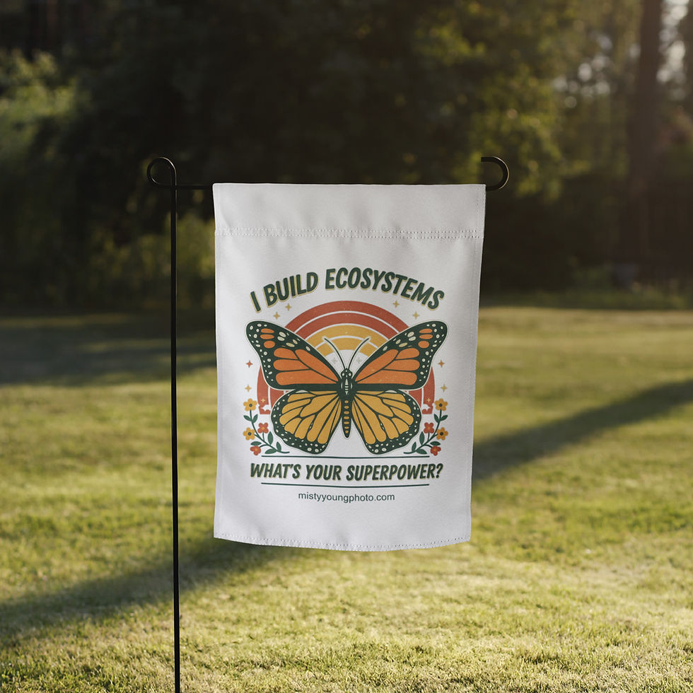 I Build Ecosystems Garden Flag – Monarch Butterfly Rainbow Native Plant Flag