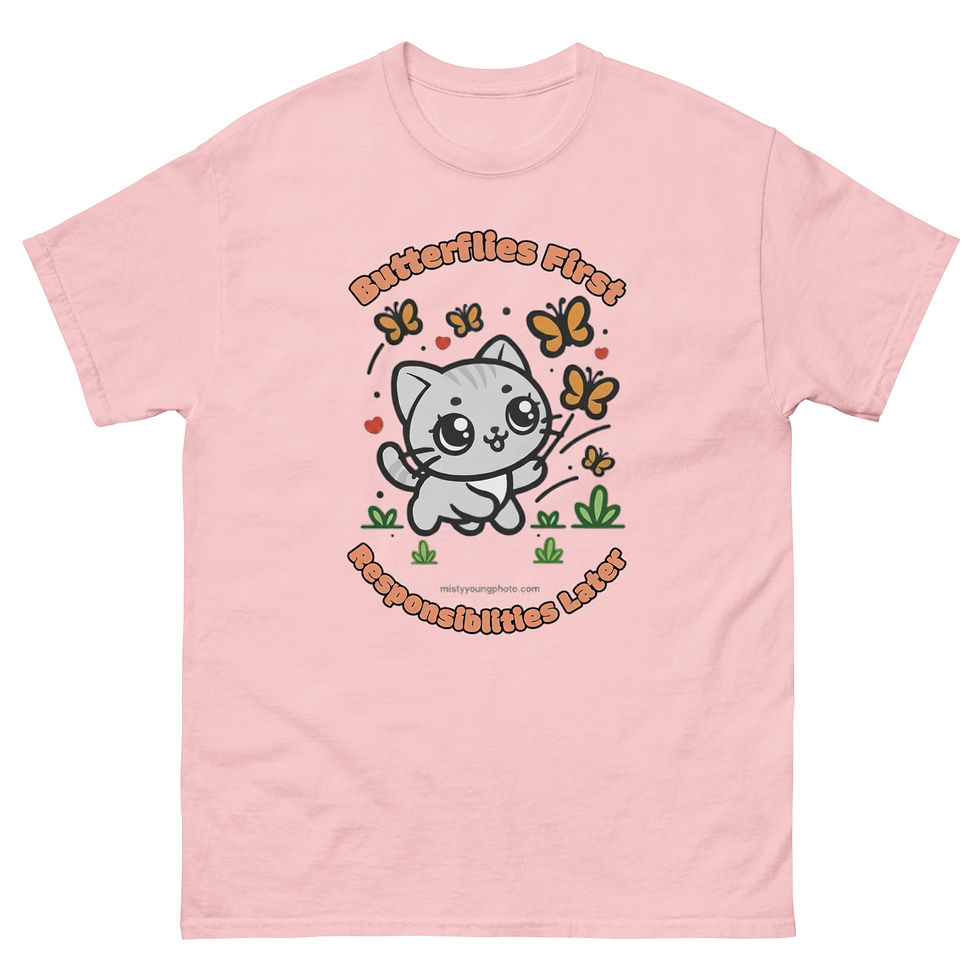 Thumbnail: Butterflies First, Responsibilities Later Cute Kitten T-Shirt with Monarch Butterflies