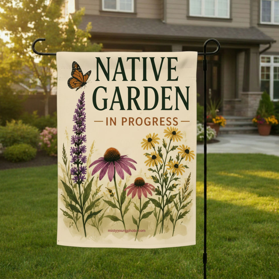 Native Garde in progress garden flag cream background with wildflowers and Monarch Butterfly